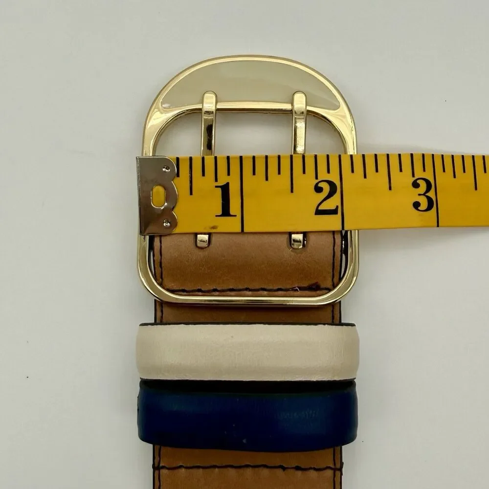 ANN TAYLOR Belt Women's S Brown Leather Blue Cream Double Gold Tone Buckle READ